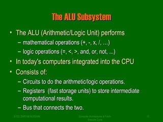 TThhee AALLUU SSuubbssyysstteemm 
• TThhee AALLUU ((AArriitthhmmeettiicc//LLooggiicc UUnniitt)) ppeerrffoorrmmss 
– mmaatthheemmaattiiccaall ooppeerraattiioonnss ((++,, --,, xx,, //,, ……)) 
– llooggiicc ooppeerraattiioonnss ((=,, <<,, >>,, aanndd,, oorr,, nnoott,, ......)) 
• IInn ttooddaayy''ss ccoommppuutteerrss iinntteeggrraatteedd iinnttoo tthhee CCPPUU 
• CCoonnssiissttss ooff:: 
– CCiirrccuuiittss ttoo ddoo tthhee aarriitthhmmeettiicc//llooggiicc ooppeerraattiioonnss.. 
– RReeggiisstteerrss ((ffaasstt ssttoorraaggee uunniittss)) ttoo ssttoorree iinntteerrmmeeddiiaattee 
Computer Architectures & Fetch- 
Execute Cycle 
ccoommppuuttaattiioonnaall rreessuullttss.. 
– BBuuss tthhaatt ccoonnnneeccttss tthhee ttwwoo.. 
SYED ZARYAB HUSSAIN 13 
 