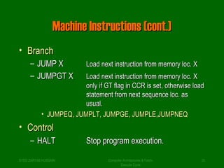 MMaacchhiinnee IInnssttrruuccttiioonnss ((ccoonntt..)) 
• BBrraanncchh 
– JJUUMMPP XX LLooaadd nneexxtt iinnssttrruuccttiioonn ffrroomm mmeemmoorryy lloocc.. XX 
– JJUUMMPPGTT XX LLooaadd nneexxtt iinnssttrruuccttiioonn ffrroomm mmeemmoorryy lloocc.. XX 
oonnllyy iiff GTT ffllaagg iinn CCCCRR iiss sseett,, ootthheerrwwiissee llooaadd 
ssttaatteemmeenntt ffrroomm nneexxtt sseeqquueennccee lloocc.. aass 
uussuuaall.. 
• JJUUMMPPEEQQ,, JJUUMMPPLLTT,, JJUUMMPPGEE,, JJUUMMPPLLEE,,JJUUMMPPNNEEQQ 
• CCoonnttrrooll 
– HHAALLTT SSttoopp pprrooggrraamm eexxeeccuuttiioonn.. 
SYED ZARYAB HUSSAIN Computer Architectures & Fetch- 
20 
Execute Cycle 
 