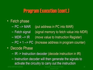 PPrrooggrraamm EExxeeccuuttiioonn ((ccoonntt..)) 
• FFeettcchh pphhaassee 
– PPCC ---->> MMAARR ((ppuutt aaddddrreessss iinn PPCC iinnttoo MMAARR)) 
– FFeettcchh ssiiggnnaall ((ssiiggnnaall mmeemmoorryy ttoo ffeettcchh vvaalluuee iinnttoo MMDDRR)) 
– MMDDRR ---->> IIRR ((mmoovvee vvaalluuee ttoo IInnssttrruuccttiioonn RReeggiisstteerr)) 
– PPCC ++ 11 ---->> PPCC ((IInnccrreeaassee aaddddrreessss iinn pprrooggrraamm ccoouunntteerr)) 
• DDeeccooddee PPhhaassee 
– IIRR -->> IInnssttrruuccttiioonn ddeeccooddeerr ((ddeeccooddee iinnssttrruuccttiioonn iinn IIRR)) 
– IInnssttrruuccttiioonn ddeeccooddeerr wwiillll tthheenn ggeenneerraattee tthhee ssiiggnnaallss ttoo 
aaccttiivvaattee tthhee cciirrccuuiittrryy ttoo ccaarrrryy oouutt tthhee iinnssttrruuccttiioonn 
SYED ZARYAB HUSSAIN Computer Architectures & Fetch- 
25 
Execute Cycle 
 