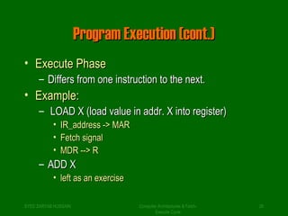 PPrrooggrraamm EExxeeccuuttiioonn ((ccoonntt..)) 
• EExxeeccuuttee PPhhaassee 
– DDiiffffeerrss ffrroomm oonnee iinnssttrruuccttiioonn ttoo tthhee nneexxtt.. 
• EExxaammppllee:: 
– LLOOAADD XX ((llooaadd vvaalluuee iinn aaddddrr.. XX iinnttoo rreeggiisstteerr)) 
Computer Architectures & Fetch- 
Execute Cycle 
• IIRR__aaddddrreessss -->> MMAARR 
• FFeettcchh ssiiggnnaall 
• MMDDRR ---->> RR 
– AADDDD XX 
• lleefftt aass aann eexxeerrcciissee 
SYED ZARYAB HUSSAIN 26 
 