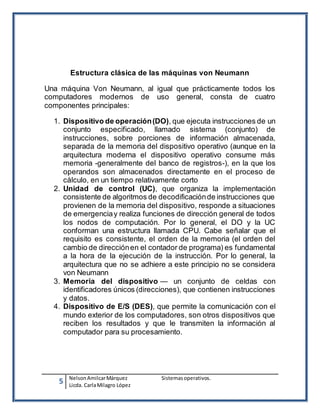 5 NelsonAmilcarMárquez Sistemasoperativos.
Licda. CarlaMilagro López
Estructura clásica de las máquinas von Neumann
Una máquina Von Neumann, al igual que prácticamente todos los
computadores modernos de uso general, consta de cuatro
componentes principales:
1. Dispositivo de operación(DO), que ejecuta instrucciones de un
conjunto especificado, llamado sistema (conjunto) de
instrucciones, sobre porciones de información almacenada,
separada de la memoria del dispositivo operativo (aunque en la
arquitectura moderna el dispositivo operativo consume más
memoria -generalmente del banco de registros-), en la que los
operandos son almacenados directamente en el proceso de
cálculo, en un tiempo relativamente corto
2. Unidad de control (UC), que organiza la implementación
consistente de algoritmos de decodificaciónde instrucciones que
provienen de la memoria del dispositivo, responde a situaciones
de emergenciay realiza funciones de dirección general de todos
los nodos de computación. Por lo general, el DO y la UC
conforman una estructura llamada CPU. Cabe señalar que el
requisito es consistente, el orden de la memoria (el orden del
cambio de direcciónen el contador de programa) es fundamental
a la hora de la ejecución de la instrucción. Por lo general, la
arquitectura que no se adhiere a este principio no se considera
von Neumann
3. Memoria del dispositivo — un conjunto de celdas con
identificadores únicos (direcciones), que contienen instrucciones
y datos.
4. Dispositivo de E/S (DES), que permite la comunicación con el
mundo exterior de los computadores, son otros dispositivos que
reciben los resultados y que le transmiten la información al
computador para su procesamiento.
 