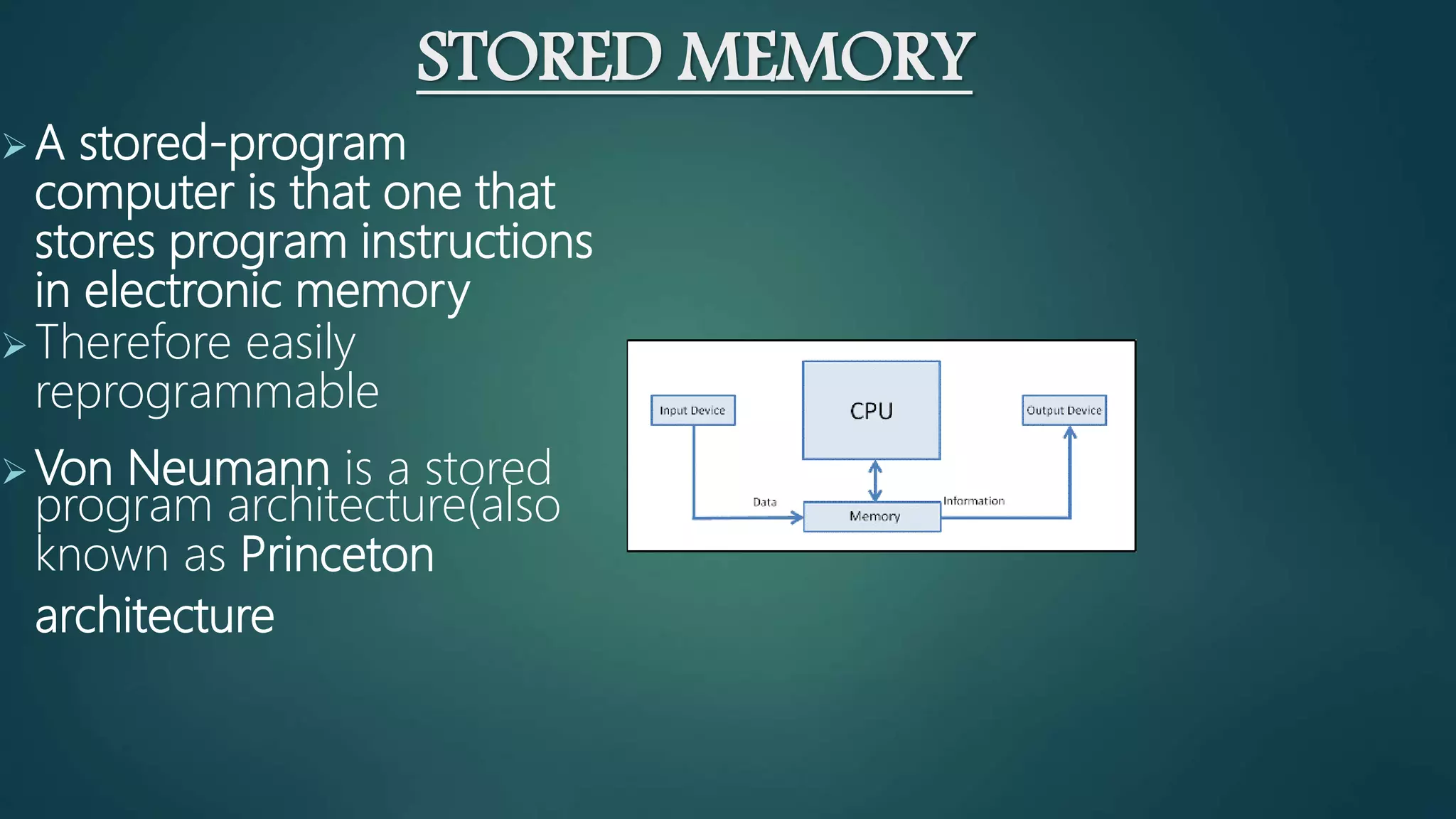 STORED MEMORY
A stored-program
computer is that one that
stores program instructions
in electronic memory
Therefore easily
reprogrammable
Von Neumann is a stored
program architecture(also
known as Princeton
architecture
 