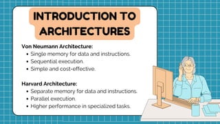 Von Neumann Architecture:
Single memory for data and instructions.
Sequential execution.
Simple and cost-effective.
Harvard Architecture:
Separate memory for data and instructions.
Parallel execution.
Higher performance in specialized tasks.
INTRODUCTION TO
ARCHITECTURES
 