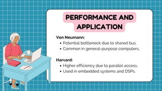 Von Neumann:
Potential bottleneck due to shared bus.
Common in general-purpose computers.
Harvard:
Higher efficiency due to parallel access.
Used in embedded systems and DSPs.
PERFORMANCE AND
APPLICATION
 
