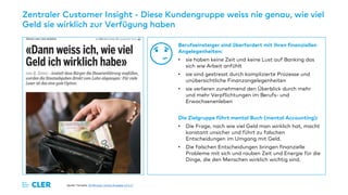 Zentraler Customer Insight - Diese Kundengruppe weiss nie genau, wie viel
Geld sie wirklich zur Verfügung haben
Quelle: Tamedia, 20 Minuten, Online-Ausgabe 13.5.17
Berufseinsteiger sind überfordert mit ihren finanziellen
Angelegenheiten:
• sie haben keine Zeit und keine Lust auf Banking das
sich wie Arbeit anfühlt
• sie sind gestresst durch komplizierte Prozesse und
unübersichtliche Finanzangelegenheiten
• sie verlieren zunehmend den Überblick durch mehr
und mehr Verpflichtungen im Berufs- und
Erwachsenenleben
Die Zielgruppe führt mental Buch (mental Accounting):
• Die Frage, nach wie viel Geld man wirklich hat, macht
konstant unsicher und führt zu falschen
Entscheidungen im Umgang mit Geld.
• Die falschen Entscheidungen bringen finanzielle
Probleme mit sich und rauben Zeit und Energie für die
Dinge, die den Menschen wirklich wichtig sind.
 