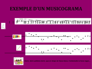 3.1.- EXPLICACIÓ DE LA PARTITURA -  Compàs de 6x8.  El 6 indica que dins cada compàs hi caben sis subdivisions i el 8 que cada subdivisió equival a una corxera, és a dir, una negra amb puntet equivaldrà a 3 corxeres. - Al segon compàs hi trobam una  lligadura . La lligadura uneix dues notes. - Podem veure que el SI és  bemoll , és a dir, és mig to més baix. - Apareix el  calderó  (semicercle amb un punt dedins). El calderó s'utilitza per allargar la durada de la nota. 