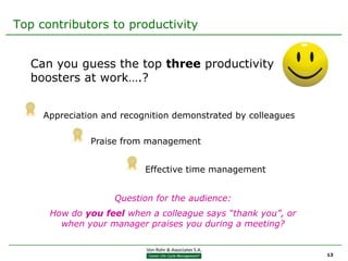Top contributors to productivity


   Can you guess the top three productivity
   boosters at work….?


     Appreciation and recognition demonstrated by colleagues

               Praise from management


                           Effective time management


                    Question for the audience:
      How do you feel when a colleague says “thank you”, or
        when your manager praises you during a meeting?


                                                               13
 