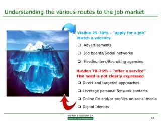 Understanding the various routes to the job market


                          Visible 25-30% - “apply for a job”
                          Match a vacancy
                           Advertisements

                           Job boards/Social networks

                           Headhunters/Recruiting agencies

                         Hidden 70-75% - “offer a service”
                         The need is not clearly expressed
                           Direct and targeted approaches

                           Leverage personal Network contacts

                           Online CV and/or profiles on social media

                           Digital Identity

                                                                 16
 