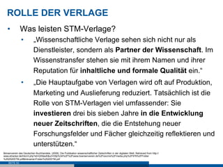 ROLLE DER VERLAGE
   •           Was leisten STM-Verlage?
                •          „Wissenschaftliche Verlage sehen sich nicht nur als
                           Dienstleister, sondern als Partner der Wissenschaft. Im
                           Wissenstransfer stehen sie mit ihrem Namen und ihrer
                           Reputation für inhaltliche und formale Qualität ein.“
                •          „Die Hauptaufgabe von Verlagen wird oft auf Produktion,
                           Marketing und Auslieferung reduziert. Tatsächlich ist die
                           Rolle von STM-Verlagen viel umfassender: Sie
                           investieren drei bis sieben Jahre in die Entwicklung
                           neuer Zeitschriften, die die Entstehung neuer
                           Forschungsfelder und Fächer gleichzeitig reflektieren und
                           unterstützen.“
Börsenverein des Deutschen Buchhandels. (2008). Die Publikation wissenschaftlicher Zeitschriften in der digitalen Welt. Retrieved from http://
www.etracker.de/lnkcnt.php?et=QS9axK&url=http%3A%2F%2Fwww.boersenverein.de%2Fsixcms%2Fmedia.php%2F976%2FFolder
%252520STM.pdf&lnkname=Folder%2520STM.pdf
    SEITE 53
 