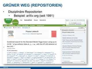 GRÜNER WEG (REPOSITORIEN)
•          Disziplinäre Repositorien
           •  Beispiel: arXiv.org (seit 1991)




SEITE 82
 