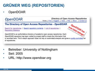 GRÜNER WEG (REPOSITORIEN)
•          OpenDOAR




•          Betreiber: University of Nottingham
•          Seit: 2005
•          URL: http://www.opendoar.org


SEITE 88
 