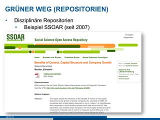 GRÜNER WEG (REPOSITORIEN)
•          Disziplinäre Repositorien
           •  Beispiel SSOAR (seit 2007)




SEITE 79
 