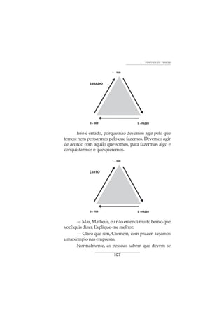 107
VONTADE DE VENCER
Isso é errado, porque não devemos agir pelo que
temos; nem pensarmos pelo que fazemos. Devemos agir
de acordo com aquilo que somos, para fazermos algo e
conquistarmos o que queremos.
—Mas,Matheus,eunãoentendimuitobemoque
você quis dizer. Explique-me melhor.
— Claro que sim, Carmem, com prazer. Vejamos
um exemplo nas empresas.
Normalmente, as pessoas sabem que devem se
 