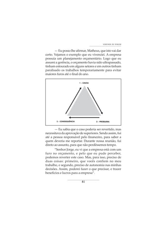 81
VONTADE DE VENCER
— Eu posso lhe afirmar, Matheus, que isto vai dar
certo. Vejamos o exemplo que eu vivenciei. A empresa
possuía um planejamento orçamentário. Logo que eu
assumi a gerência, o orçamento havia sido ultrapassado,
tinham estourado em alguns setores e em outros tinham
paralisado os trabalhos temporariamente para evitar
maiores furos até o final do ano.
— Eu sabia que o caso poderia ser revertido, mas
necessitavadaaprovaçãodesuperiores.Sendoassim,fui
até a pessoa responsável pelo financeiro, para saber a
quem deveria me reportar. Durante nossa reunião, fui
direto ao assunto, para que não perdêssemos tempo.
“Senhor Jorge, eu vi que a empresa está com um
furo no orçamento, e pelo que eu pude perceber,
podemos reverter este caso. Mas, para isso, preciso de
duas coisas: primeiro, que vocês confiem no meu
trabalho, e segundo, preciso de autonomia nas minhas
decisões. Assim, poderei fazer o que precisar, e trazer
benefícios e lucros para a empresa”.
 