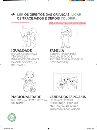 LER OS DIREITOS DAS CRIANÇAS. LIGAR
                           OS TRACEJADOS E DEPOIS COLORIR.
               Leitura realizada pelo(a) professor(a).   Decolar – no dia 20 de novembro de 1959, a Assembleia Geral da Organização
                                                         das Nações Unidas divulgou a Declaração dos Direitos da Criança. A partir
                                                         dessa data, criou-se um conjunto de princípios que o mundo todo deve seguir.




               IGUALDADE                                 FAMÍLIA
               (TODAS AS CRIANÇAS                        (SER PROTEGIDA PELA
               TÊM DIREITOS                              FAMÍLIA, ESTADO E
               INDEPENDENTEMENTE                         SOCIEDADE PARA PODER SE
               DA COR, DO SEXO, DA                       DESENVOLVER).
               RELIGIÃO...).




               NACIONALIDADE                              CUIDADOS ESPECIAIS
               (AS CRIANÇAS TÊM DIREITO A                 (AS CRIANÇAS COM
               UM NOME).                                  DEFICIÊNCIA FÍSICA OU
                                                          MENTAL TÊM DIREITO A
                                                          EDUCAÇÃO E CUIDADOS).


            306



289-336cv.indd 306                                                                                                                      25/10/12 16:24
 