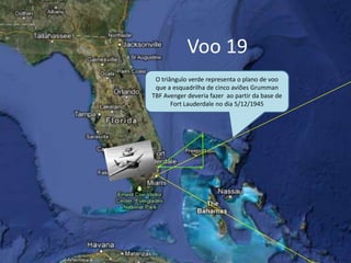 Voo 19
O triângulo verde representa o plano de voo
que a esquadrilha de cinco aviões Grumman
TBF Avenger deveria fazer ao partir da base de
Fort Lauderdale no dia 5/12/1945
 