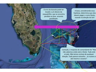 O erro da bússola pode ter
levado a um desvio da
esquadrilha que se encontra
perdida na área amarela
pontilhada.
Contudo, a resposta do comandante foi "Nós
não sabemos onde está o Oeste. Tudo está
errado. Não temos certeza de qualquer
direção. Tudo parece estranho... as nuvens e
até mesmo o oceano”.
?
A base, considerando essa
hipótese, determina que eles
devem pegar o rumo Oeste,
voando na direção do Sol!
 