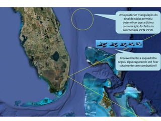 Uma posterior triangulação do
sinal de rádio permitiu
determinar que a última
comunicação foi feita na
coordenada 29°N 79°W.
Provavelmente a esquadrilha
seguiu ziguezagueando até ficar
totalmente sem combustível!
 