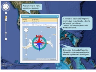 A calculadora do NOAA
apresentou o desvio:
A análise da Declinação Magnética
mostra que, naquela data, o desvio
da bússola era mínimo.
Apenas 0,20 em relação ao Polo
Norte verdadeiro.
Então, se a Declinação Magnética
não explica o problema da bússola,
existiria alguma outra explicação?
 