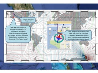 O NOAA informa que a
declinação magnética da
bússola do Aeroporto
Internacional da Cidade de
Anchorage (a maior cidade do
Alasca) deve considerar um
desvio de 17,94º para Leste!
Logo, a agulha da bússola (seta
roxa) precisaria ser corrigida
17,94º para Leste como mostra a
figura copiada da calculadora de
declinação magnética do NOAA!
O Norte Geográfico
fica para lá!
 