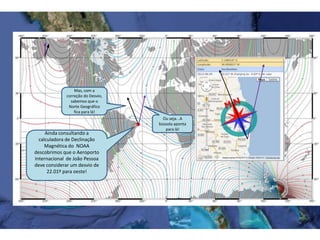 Ainda consultando a
calculadora de Declinação
Magnética do NOAA
descobrimos que o Aeroporto
Internacional de João Pessoa
deve considerar um desvio de
22.01º para oeste!
Mas, com a
correção do Desvio,
sabemos que o
Norte Geográfico
fica para lá!
Ou seja...A
bússola aponta
para lá!
 
