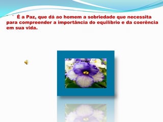´   `  É a Paz, que dá ao homem a sobriedade que necessita para compreender a importância do equilíbrio e da coerência em sua vida.