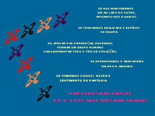 SE TORNARMOS REALIDADE O ESPÍRITO DE EQUIPA SE, APESAR DAS DIFERENÇAS, PUDERMOS FORMAR UM GRUPO HUMANO PARA ENFRENTAR TODO O TIPO DE SITUAÇÕES. SE ENTENDERMOS O VERDADEIRO VALOR DA  AMIZADE . SE TIVERMOS CONSCIÊNCIA DO SENTIMENTO DE PARTILHA. A VIDA SERÁ MAIS SIMPLES  E O VÔO DOS ANOS TERÁ MAIS PRAZER   ! SE NOS MANTIVERMOS  UM AO LADO DO OUTRO, APOIANDO-NOS E UNIDOS. 