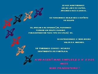 SE TORNARMOS REALIDADE O ESPÍRITO DE EQUIPE SE, APESAR DAS DIFERENÇAS, PUDERMOS FORMAR UM GRUPO HUMANO PARA ENFRENTAR TODO TIPO DE SITUAÇÕES. SE ENTENDERMOS O VERDADEIRO VALOR DA  AMIZADE . SE TIVERMOS CONSCIÊNCIA DO SENTIMENTO DE PARTILHA. A VIDA SERÁ MAIS SIMPLES,E O VÔO DOS ANOS  MAIS PRAZENTEIRO   ! SE NOS MANTIVERMOS  UM AO LADO DO OUTRO, APOIANDO-NOS E UNIDOS. 