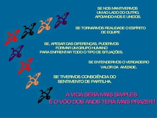 SE TORNARMOS REALIDADE O ESPÍRITO DE EQUIPE SE, APESAR DAS DIFERENÇAS, PUDERMOS FORMAR UM GRUPO HUMANO PARA ENFRENTAR TODO O TIPO DE SITUAÇÕES. SE ENTENDERMOS O VERDADEIRO VALOR DA  AMIZADE . SE TIVERMOS CONSCIÊNCIA DO SENTIMENTO DE PARTILHA. A VIDA SERÁ MAIS SIMPLES  E O VÔO DOS ANOS TERÁ MAIS PRAZER   ! SE NOS MANTIVERMOS  UM AO LADO DO OUTRO, APOIANDO-NOS E UNIDOS. 
