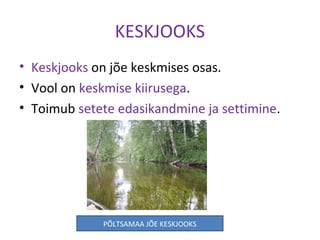 KESKJOOKS
• Keskjooks on jõe keskmises osas.
• Vool on keskmise kiirusega.
• Toimub setete edasikandmine ja settimine.
PÕLTSAMAA JÕE KESKJOOKS
 