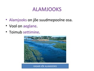 ALAMJOOKS
• Alamjooks on jõe suudmepoolne osa.
• Vool on aeglane.
• Toimub settimine.
KASARI JÕE ALAMJOOKS
 