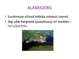 ALAMJOOKS
• Suudmesse võivad tekkida setetest saared.
• Jõgi võib hargneda (разойтись) eri teedeks –
harujõgedeks.
 