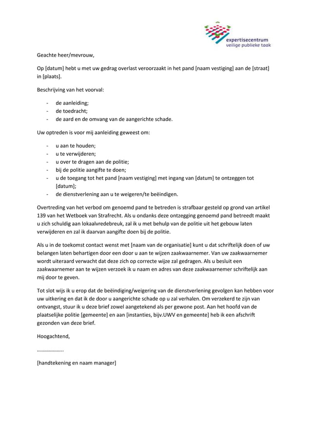 Voorbeeldbrief pandverbod agressieve klanten