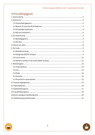 Ondernemingsplan Caffetteria Tutti | Voorbeeldplan Plannable
1
Inhoudsopgave
1. Samenvatting ......................................................................................................................................2
2. Wie ben ik?..........................................................................................................................................3
2.1 Persoonlijke gegevens...................................................................................................................3
2.2 Waarom ik voor mezelf wil beginnen ...........................................................................................3
2.3 Persoonlijke kwaliteiten................................................................................................................4
2.4 Wat wil ik bereiken?......................................................................................................................4
3. De onderneming .................................................................................................................................4
3.1 Bedrijfsgegevens ...........................................................................................................................5
3.2 Het idee.........................................................................................................................................5
3.3 Stand van zaken ................................................................................................................................8
4. De markt..............................................................................................................................................9
4.1 Marktbeschrijving .........................................................................................................................9
4.2 Doelgroep (DESTEP-analyse).........................................................................................................9
4.3 Concurrentie ...............................................................................................................................11
4.4 Bedrijf en product in de markt (SWOT-analyse) .........................................................................12
5. Marketingplan...................................................................................................................................13
5.1 Product/dienst ............................................................................................................................13
5.2 Prijs..............................................................................................................................................13
5.3 Plaats...........................................................................................................................................14
5.4 Promotie .....................................................................................................................................15
5.5 Personeel en samenwerken........................................................................................................15
6.1 Investeringsbegroting .....................................................................................................................15
6.2 Openingsbalans...............................................................................................................................16
6.3 Exploitatieprognose ........................................................................................................................17
6.4 Liquiditeitsprognose........................................................................................................................18
Grafische weergave liquiditeitspositie..................................................................................................19
6.5 Onderbouwing verdienmodel.........................................................................................................21
 