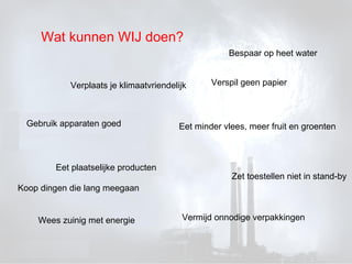 Wat kunnen WIJ doen? Verplaats je klimaatvriendelijk Eet minder vlees, meer fruit en groenten Eet plaatselijke producten Vermijd onnodige verpakkingen Wees zuinig met energie Gebruik apparaten goed Zet toestellen niet in stand-by Bespaar op heet water Koop dingen die lang meegaan Verspil geen papier 