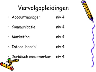 Vervolgopleidingen
• Accountmanager         niv 4

• Communicatie           niv 4

• Marketing              niv 4

• Intern. handel         niv 4

• Juridisch medewerker   niv 4
 