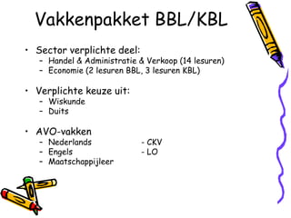 Vakkenpakket BBL/KBL
• Sector verplichte deel:
   – Handel & Administratie & Verkoop (14 lesuren)
   – Economie (2 lesuren BBL, 3 lesuren KBL)

• Verplichte keuze uit:
   – Wiskunde
   – Duits

• AVO-vakken
   – Nederlands             - CKV
   – Engels                 - LO
   – Maatschappijleer
 