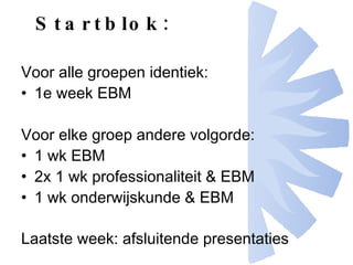 Startblok: Voor alle groepen identiek: 1e week EBM Voor elke groep andere volgorde: 1 wk EBM 2x 1 wk professionaliteit & EBM 1 wk onderwijskunde & EBM Laatste week: afsluitende presentaties   