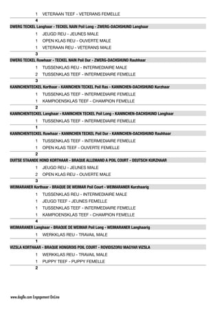 VETERAAN TEEF - VETERANS FEMELLE
1
4
DWERG TECKEL Langhaar - TECKEL NAIN Poil Long - ZWERG-DACHSHUND Langhaar
JEUGD REU - JEUNES MALE
1
OPEN KLAS REU - OUVERTE MALE
1
VETERAAN REU - VETERANS MALE
1
3
DWERG TECKEL Ruwhaar - TECKEL NAIN Poil Dur - ZWERG-DACHSHUND Rauhhaar
TUSSENKLAS REU - INTERMEDIAIRE MALE
1
TUSSENKLAS TEEF - INTERMEDIAIRE FEMELLE
2
3
KANINCHENTECKEL Korthaar - KANINCHEN TECKEL Poil Ras - KANINCHEN-DACHSHUND Kurzhaar
TUSSENKLAS TEEF - INTERMEDIAIRE FEMELLE
1
KAMPIOENSKLAS TEEF - CHAMPION FEMELLE
1
2
KANINCHENTECKEL Langhaar - KANINCHEN TECKEL Poil Long - KANINCHEN-DACHSHUND Langhaar
TUSSENKLAS TEEF - INTERMEDIAIRE FEMELLE
1
1
KANINCHENTECKEL Ruwhaar - KANINCHEN TECKEL Poil Dur - KANINCHEN-DACHSHUND Rauhhaar
TUSSENKLAS TEEF - INTERMEDIAIRE FEMELLE
1
OPEN KLAS TEEF - OUVERTE FEMELLE
1
2
DUITSE STAANDE HOND KORTHAAR - BRAQUE ALLEMAND A POIL COURT - DEUTSCH KURZHAAR
JEUGD REU - JEUNES MALE
1
OPEN KLAS REU - OUVERTE MALE
2
3
WEIMARANER Korthaar - BRAQUE DE WEIMAR Poil Court - WEIMARANER Kurzhaarig
TUSSENKLAS REU - INTERMEDIAIRE MALE
1
JEUGD TEEF - JEUNES FEMELLE
1
TUSSENKLAS TEEF - INTERMEDIAIRE FEMELLE
1
KAMPIOENSKLAS TEEF - CHAMPION FEMELLE
1
4
WEIMARANER Langhaar - BRAQUE DE WEIMAR Poil Long - WEIMARANER Langhaarig
WERKKLAS REU - TRAVAIL MALE
1
1
VIZSLA KORTHAAR - BRAQUE HONGROIS POIL COURT - ROVIDSZORU MAGYAR VIZSLA
WERKKLAS REU - TRAVAIL MALE
1
PUPPY TEEF - PUPPY FEMELLE
1
2
www.doglle.com Engagement OnLine
 