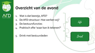 Overzicht van de avond
1. Wat is dat beestje, AFD?
2. De AFD-structuur: Hoe werken wij?
3. De bestuursfuncties
4. Praktisch ofte ‘waar kan ik tekenen?’
5. Drink met bestuursleden
Info
Drink
 