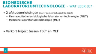 • 2 afstudeerrichtingen (na 1e gemeenschappelijke jaar):
− Farmaceutische en biologische laboratoriumtechnologie (FBLT)
− Medische laboratoriumtechnologie (MLT)
• Verkort traject tussen FBLT en MLT
BIOMEDISCHE
LABORATORIUMTECHNOLOGIE - WAT LEER JE?
5
 
