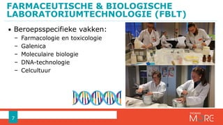 • Beroepsspecifieke vakken:
− Farmacologie en toxicologie
− Galenica
− Moleculaire biologie
− DNA-technologie
− Celcultuur
FARMACEUTISCHE & BIOLOGISCHE
LABORATORIUMTECHNOLOGIE (FBLT)
7
 