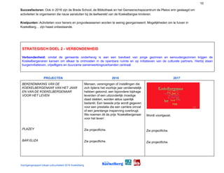 10
Succesfactoren​: Ook in 2016 zijn de Brede School, de Bibliotheek en het Gemeenschapscentrum de Platoo erin geslaagd om
activiteiten te organiseren die nauw aansluiten bij de leefwereld van de Koekelbergse kinderen.
Knelpunten: ​Activiteiten voor tieners en jongvolwassenen worden te weinig georganiseerd. Mogelijkheden om te fuiven in
Koekelberg… zijn haast onbestaande.
STRATEGISCH DOEL 2 - VERBONDENHEID
Verbondenheid: ​omdat de gemeente onderhevig is aan een toevloed van jonge gezinnen en eenoudergezinnen krijgen de
Koekelbergenaren kansen om elkaar te ontmoeten in de openbare ruimte en op initiatieven van de culturele partners. Hierbij staan
burgerinitiatieven, vrijwilligers en duurzame samenwerkingsverbanden centraal.
PROJECTEN​ ​ 2016 ​ ​2017
BEKENDMAKING VAN DE
KOEKELBERGENAAR VAN HET JAAR
EN VAN DE KOEKELBERGENAAR
VOOR HET LEVEN
PLAZEY
BAR ELIZA
Mensen, verenigingen of instellingen die
zich tijdens het voorbije jaar verdienstelijk
hebben getoond, een bijzondere bijdrage
leverden of een uitzonderlijk moedige
daad stelden, worden aldus openlijk
bedankt. Een tweede prijs wordt gegeven
voor een prestatie die een carrière omvat
of een jarenlange inspanning overbrugt.
We noemen dit de prijs ‘Koekelbergenaar
voor het leven’.
Zie projectfiche.
Zie projectfiche.
Wordt voortgezet.
Zie projectfiche.
Zie projectfiche.
Voortgangsrapport lokaal cultuurbeleid 2016 Koekelberg
 