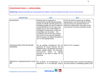 13
STRATEGISCH DOEL 3 - VERKLEURING
Verkleuring: ​omdat de diversiteit van onze gemeente een rijkdom is, leren de bewoners de cultuur van hun buren kennen.
PROJECTEN ​ ​ 2016 ​ ​ 2017
BUURTFEEST
ONTHAALAVOND VOOR DE NIEUWE
INWONERS
MEERTALIG VOORLEESUURTJE IN DE
BIB.
De Brede School organiseert in
samenwerking met alle Nederlandstalige
scholen en met alle culturele partners van
Koekelberg jaarlijks een groot buurtfeest in
de Herkoliersstraat voor een zeer divers
publiek, jong en oud, nieuwe Belgen en
niet-Belgen, buurtbewoners, ouders van
de leerlingen van de scholen… Het
buurtfeest op 28 mei 2016 was opnieuw
een succes. Er was veel volk aanwezig
dat kon genieten van allerlei activiteiten en
eet- en drank-gelegenheden.
Via de jaarlijkse onthaalavond heet de
gemeente de nieuwe inwoners, die het
afgelopen jaar in de gemeente zijn komen
wonen, hartelijk welkom. Via info-stands,
info-brochures worden zij wegwijs
gemaakt in het reilen en zeilen van de
gemeente.
Het voorlezen van kinderboekjes in het
Nederlands en in het Albanees. Daarna
Op 20 mei wordt er opnieuw een buurtfeest
georganiseerd. Voor het buurtfeest van 2017
zal nog meer promo gemaakt worden via
affiches en ludieke acties. Ook zullen er nog
meer partners uit de buurt betrokken worden.
Wordt in 2017 voortgezet.
Wordt herhaald maar er wordt een taal gekozen
die meer kinderen in Koekelberg spreken zodat
Voortgangsrapport lokaal cultuurbeleid 2016 Koekelberg
 