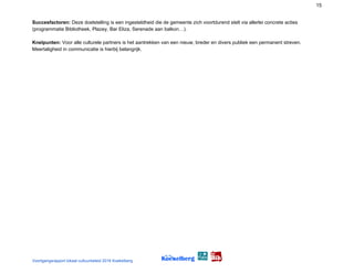 15
Succesfactoren: ​Deze doelstelling is een ingesteldheid die de gemeente zich voortdurend stelt via allerlei concrete acties
(programmatie Bibliotheek, Plazey, Bar Eliza, Serenade aan balkon…).
Knelpunten:​ Voor alle culturele partners is het aantrekken van een nieuw, breder en divers publiek een permanent streven.
Meertaligheid in communicatie is hierbij belangrijk.
 
 
 
 
 
 
 
 
 
 
 
 
 
 
 
 
 
 
 
 
 
 
 
 
Voortgangsrapport lokaal cultuurbeleid 2016 Koekelberg
 
