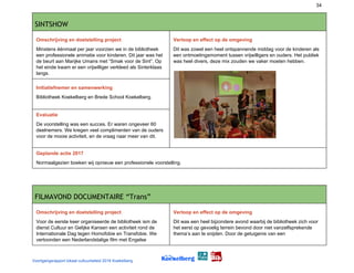 34
SINTSHOW 
Omschrijving en doelstelling project
Minstens éénmaal per jaar voorzien we in de bibliotheek
een professionele animatie voor kinderen. Dit jaar was het
de beurt aan Marijke Umans met “Smak voor de Sint”. Op
het einde kwam er een vrijwilliger verkleed als Sinterklaas
langs.
Verloop en effect op de omgeving
Dit was zowel een heel ontspannende middag voor de kinderen als
een ontmoetingsmoment tussen vrijwilligers en ouders. Het publiek
was heel divers, deze mix zouden we vaker moeten hebben.
Initiatiefnemer en samenwerking
Bibliotheek Koekelberg en Brede School Koekelberg.
Evaluatie
De voorstelling was een succes. Er waren ongeveer 60
deelnemers. We kregen veel complimenten van de ouders
voor de mooie activiteit, en de vraag naar meer van dit.
Geplande actie 2017
Normaalgezien boeken wij opnieuw een professionele voorstelling.
FILMAVOND DOCUMENTAIRE “Trans” 
Omschrijving en doelstelling project
Voor de eerste keer organiseerde de bibliotheek ism de
dienst Cultuur en Gelijke Kansen een activiteit rond de
Internationale Dag tegen Homofobie en Transfobie. We
vertoonden een Nederlandstalige film met Engelse
Verloop en effect op de omgeving
Dit was een heel bijzondere avond waarbij de bibliotheek zich voor
het eerst op gevoelig terrein bevond door niet vanzelfsprekende
thema’s aan te snijden. Door de getuigenis van een
Voortgangsrapport lokaal cultuurbeleid 2016 Koekelberg
 