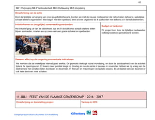 42
SD 1 Verjonging SD 2 Verbondenheid SD 3 Verkleuring SD 5 Vergrijzing
Omschrijving van de actie
Door de tijdelijke vervanging van onze jeugdbibliothecaris, konden we met de nieuwe medewerker die het schaken beheerst, wekelijkse
schaak-ateliers organiseren. Wat begon met één spelbord, werd al snel uitgebreid tot 4 spelborden met telkens zo’n tiental deelnemers.
Initiatiefnemer en (mogelijke) samenwerkingsverbanden
Het initiatief ging uit van de bibliotheek. Als we in de toekomst schaak-ateliers willen
blijven aanbieden, moeten we op zoek naar een goede schaker en spelborden.
Budget en herkomst
Dit project kon door de tijdelijke medewerker
volledig kosteloos gerealiseerd worden.
Gewenst effect op de omgeving en eventuele indicatoren
We merkten dat de wekelijkse interval goed werkte. De promotie verloopt vooral mondeling, en door de zichtbaarheid van de activiteit
tijdens de openingsuren. Er kwam meer publiek langs op dinsdag en na de eerste 4 sessies in november hebben we op vraag van de
deelnemers het schaken laten doorlopen in december. In februari en maart lopen de laatste sessies. Bij de laatste sessies kwamen er
ook twee senioren mee schaken.
11 JULI - FEEST VAN DE VLAAMSE GEMEENSCHAP - 2016 - 2017 
Omschrijving en doelstelling project Verloop in 2016
Voortgangsrapport lokaal cultuurbeleid 2016 Koekelberg
 