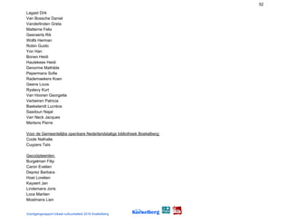 52
Lagast Dirk
Van Bossche Daniel
Vanderlinden Greta
Matterne Felix
Geeraerts Rik
Wolfs Herman
Robin Guido
Yon Han
Bonen Heidi
Hautekees Heidi
Denorme Mathilde
Pepermans Sofie
Rademaekers Koen
Geens Louis
Ryslavy Kurt
Van Hooren Georgette
Verbeiren Patricia
Baekelandt Lucrèce
Saadoun Najat
Van Neck Jacques
Mertens Pierre
Voor de Gemeentelijke openbare Nederlandstalige bibliotheek Boekelberg:
Cools Nathalie
Cuypers Taïs
Gecoöpteerden:
Burgelman Filip
Caron Evelien
Deprez Barbara
Hoet Lorelien
Kayaert Jan
Lindemans Joris
Loos Martien
Mostmans Lien
Voortgangsrapport lokaal cultuurbeleid 2016 Koekelberg
 