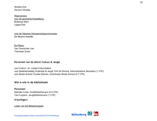 53
Strobbe Dirk
Zamouri Khadija
Waarnemers
voor de gemeente Koekelberg:
Bultereys Marc
Lagast Dirk
voor de Vlaamse Gemeenschapscommissie:
De Meyere Isabelle
De Platoo​:
Van Overschée Lies
Thevissen Erwin
Personeel van de dienst Cultuur & Jeugd 
voor Cultuur: cfr. Lokaal Cultuurbeleid
voor Nederlandstalig Onderwijs & Jeugd: Erik De Rooms, Administratieve Secretaris (1 VTE)
voor Brede School: Coralie Damien, Coördinator Brede School (0,7 VTE)
Wie is wie in de bibliotheek 
 
Personeel
Nathalie Cools, Hoofdbibliothecaris (0,5 VTE)
Taïs Cuypers, Jeugdbibliothecaris (1 VTE)
Vrijwilligers 
Leden van het Beheersorgaan
Voortgangsrapport lokaal cultuurbeleid 2016 Koekelberg
 