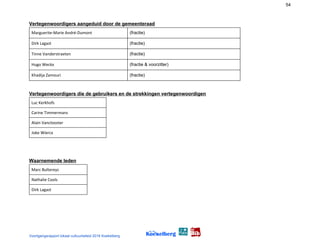 54
Vertegenwoordigers aangeduid door de gemeenteraad 
Marguerite-Marie André-Dumont (fractie)
Dirk Lagast (fractie)
Tinne Vanderstraeten (fractie)
Hugo Weckx (fractie & voorzitter)
Khadija Zamouri (fractie)
 
Vertegenwoordigers die de gebruikers en de strekkingen vertegenwoordigen
Luc Kerkhofs
Carine Timmermans
Alain Vanclooster
Joke Wiercx
Waarnemende leden
Marc Bultereys
Nathalie Cools
Dirk Lagast
Voortgangsrapport lokaal cultuurbeleid 2016 Koekelberg
 